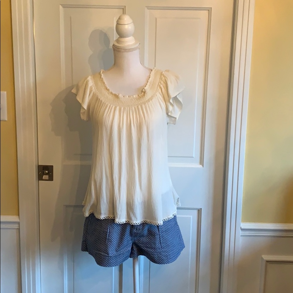 Self E Cream Embroidered Ruched Peasant Top